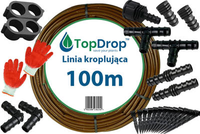 Linia kroplująca (wąż kroplujący) Top Drop 100mb 2,1l/h 33cm + 36 akcesoriów + rękawice GRATIS